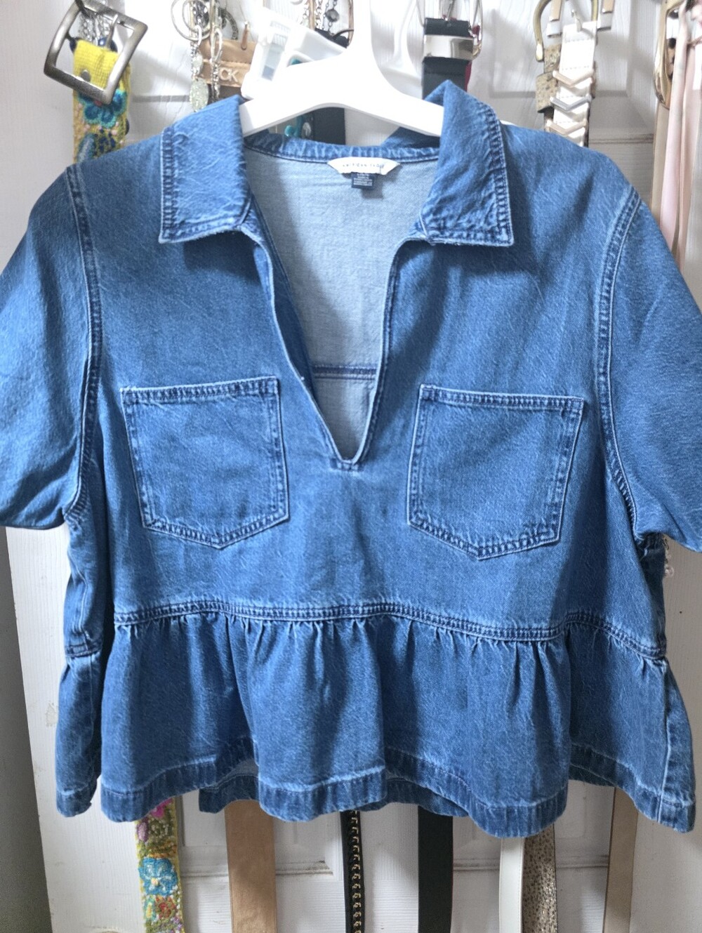 American Eagle Denim Peplum V-Neck Top - Blue